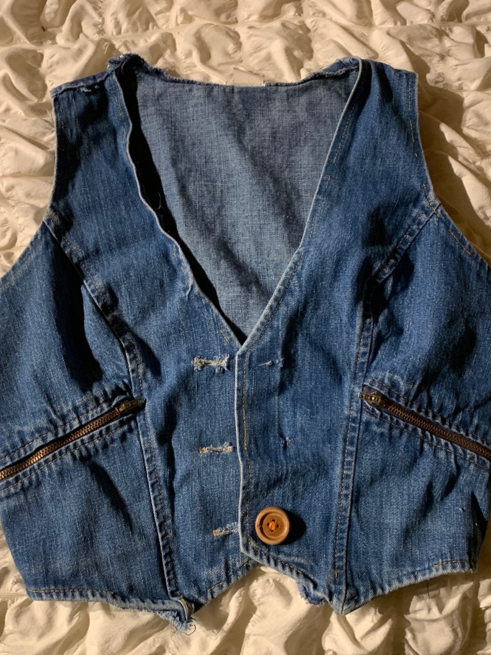 Vintage 1960s 70s Denim Vest Blue Jean Utility Vest Wood Button Zip Pockets
